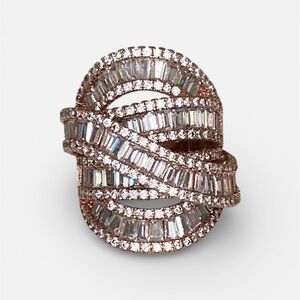 Rose Gold Cocktail Diamond Baguette Glamour Sterling Silver Ring
